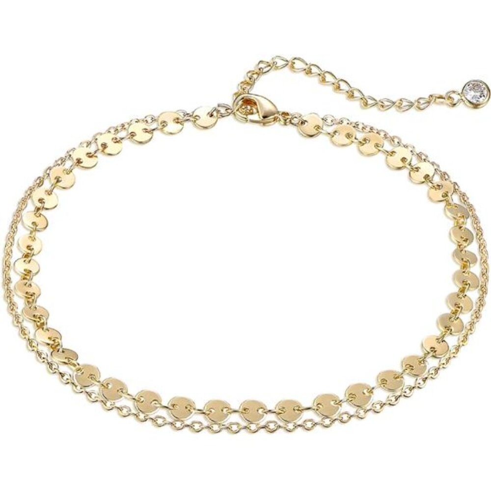 Women Dainty Anklet,14K Gold Plated Satellite Anklet Double Layered Cute Beads